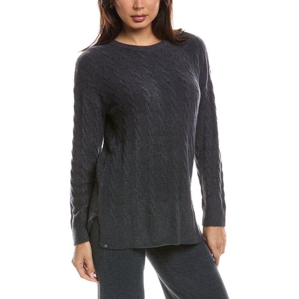 Barefoot Dreams Womens Cozychic Lite Cable Slit Pullover, Black